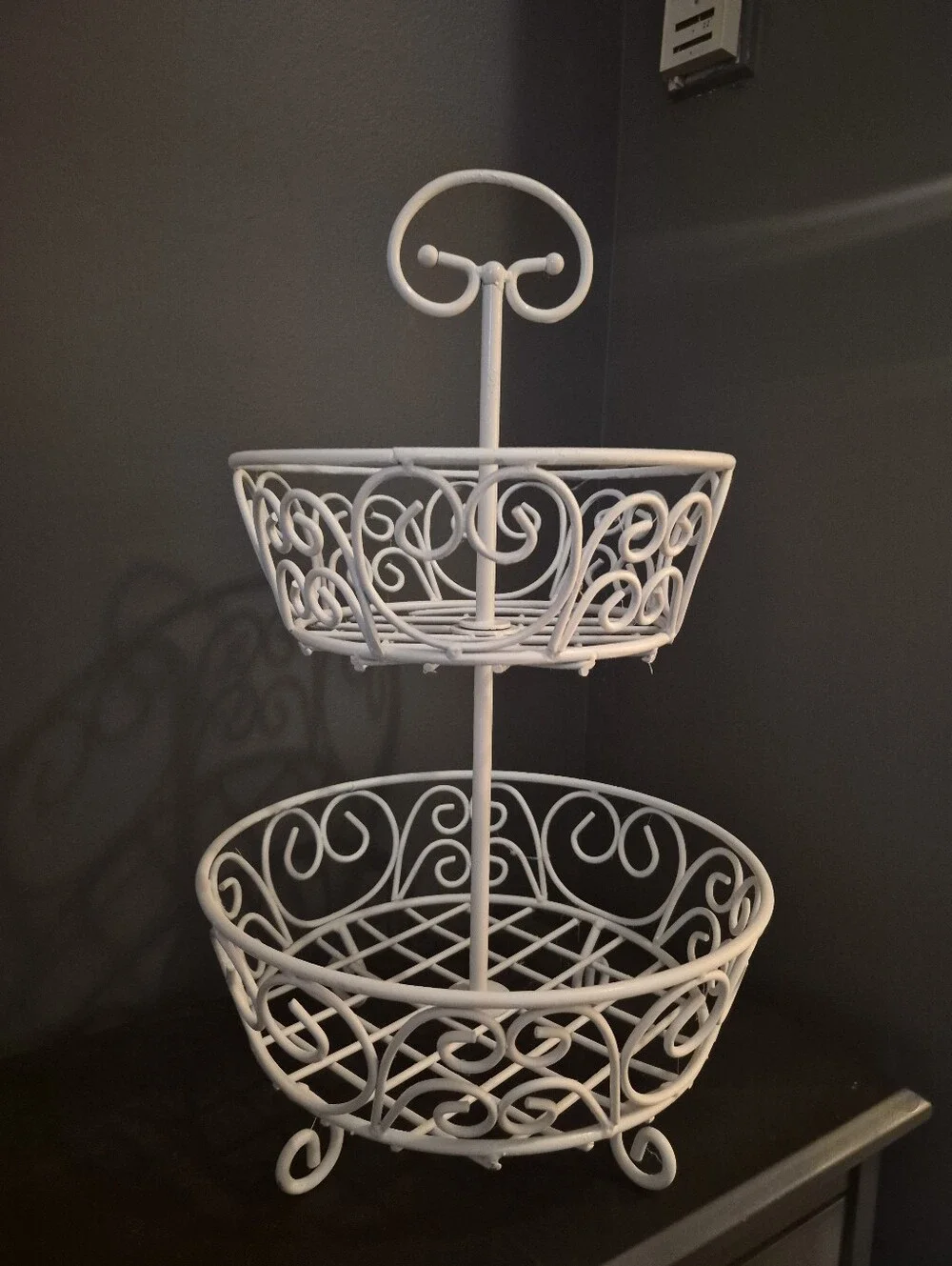 White Metal Scrollwork Princess  2-Tiered Basket Fruit Bowl Holder Decor